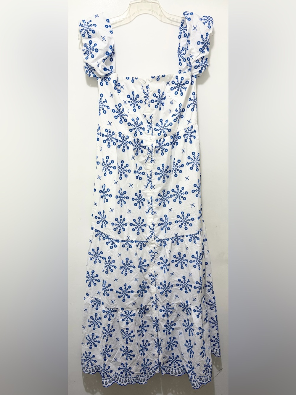 Hale Bob Blue &‎ White Embroidered Tiered Maxi Dress Large NWT